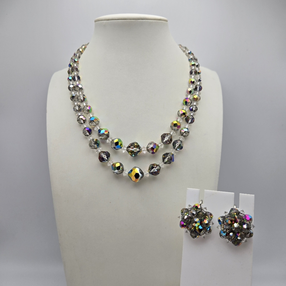 Laguna Smokey Aurora Borealis Set Necklace Earrings Crystal AB Gray Clip Back